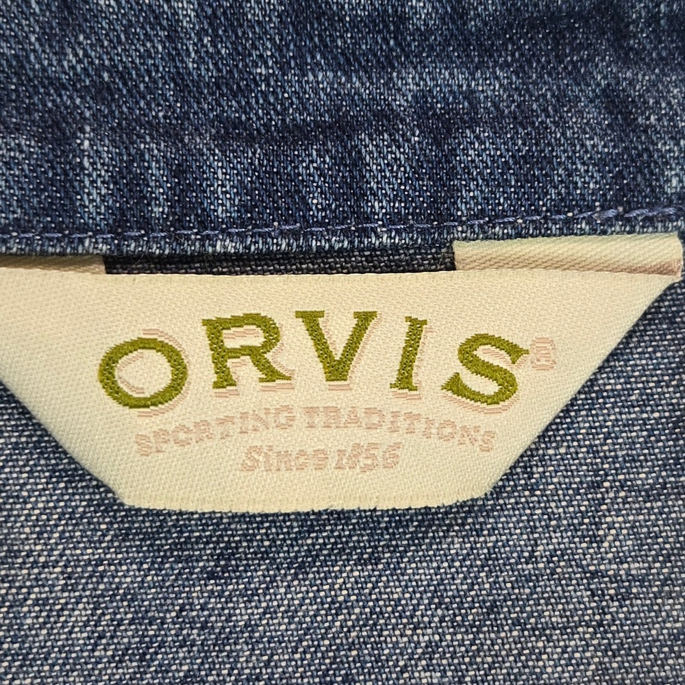 Orvis Denim Vest Womens 16 Blue Pintuck Pleated Button Front Mandarin Collar Top - Picture 9 of 12